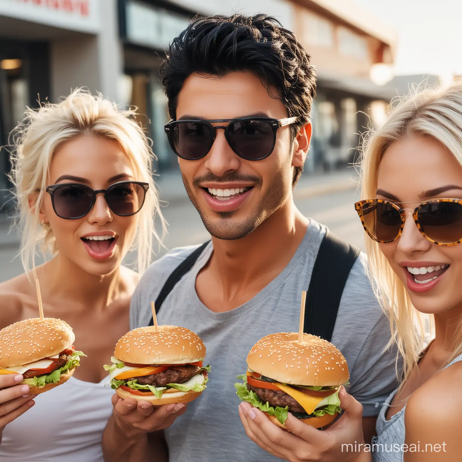 Handsome man with black hair, stubble and sunglasses with two blonde girls eating hamburgers