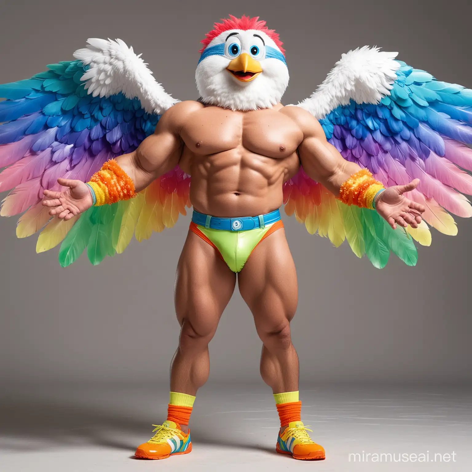 Full Body to feet Topless 30s Ultra Chunky IFBB Bodybuilder Daddy wearing Multi-Highlighter Bright Rainbow Coloured See Through Eagle Wings Shoulder Jacket Short shorts Arms Up Flexing Doraemon