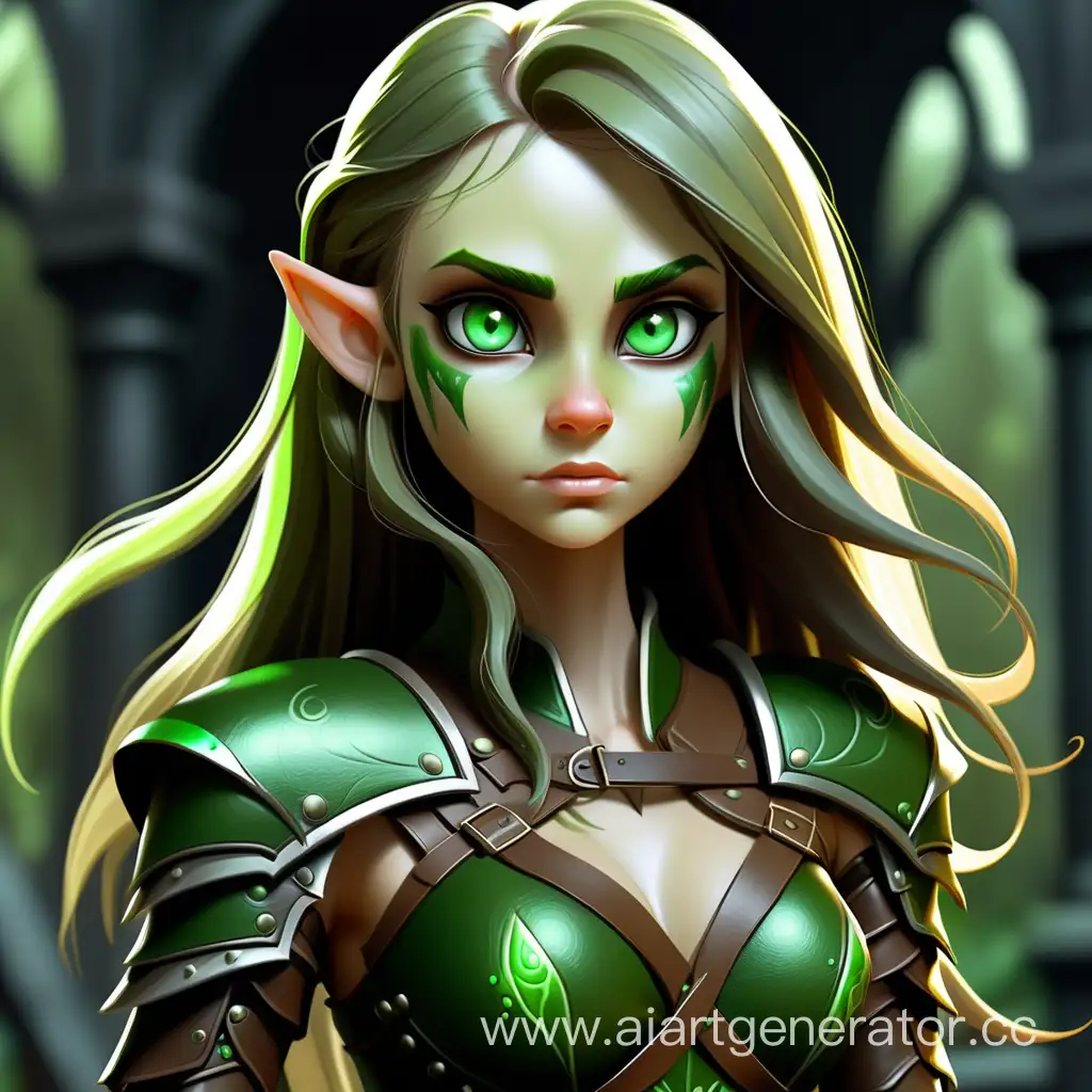 Girl, Elf, green body , young, green eyes, beautiful, leather armor or dress , long hair, glowing scars all over the body dark green 