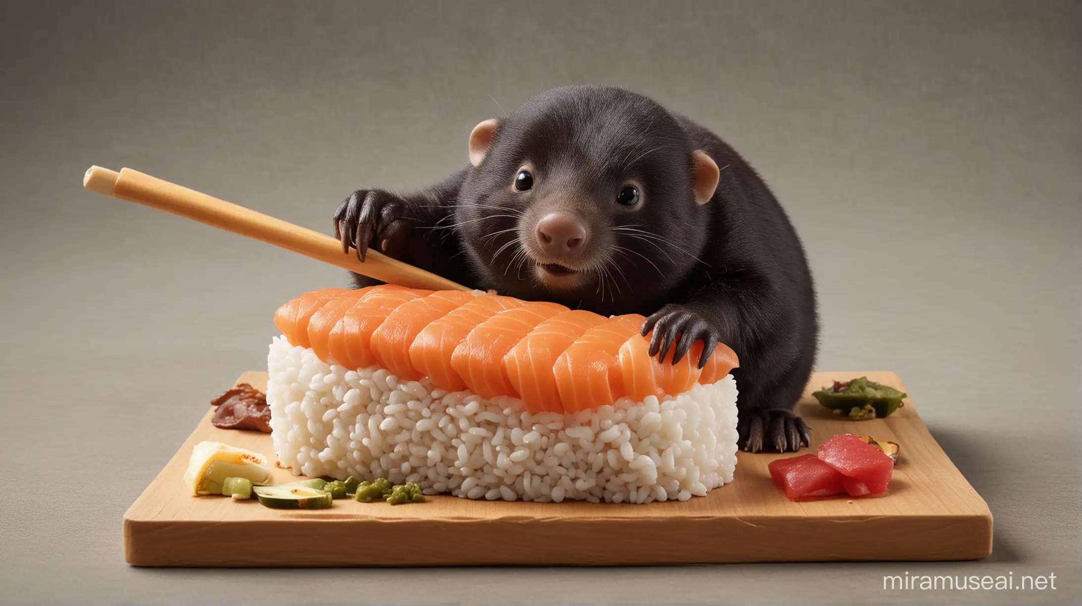 Cute Mole Enjoying Sushi in a Whimsical Setting