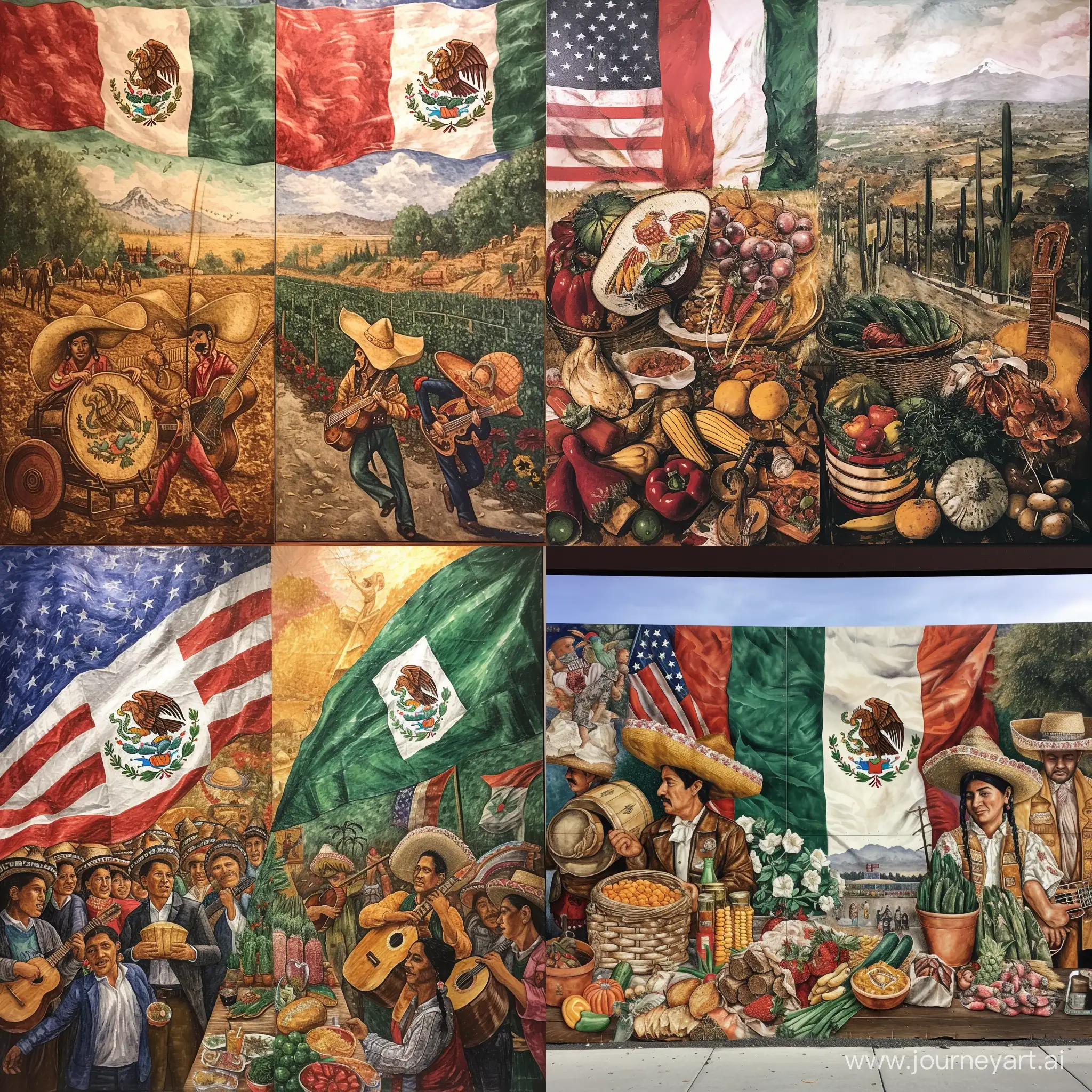 make a mural on mexican immigrants in washington state. Include the mexico flag and the usa flag. Include the pull factors like agriculture and push factors such as bad economy. Also include their mariachi bands, traditional food and music.