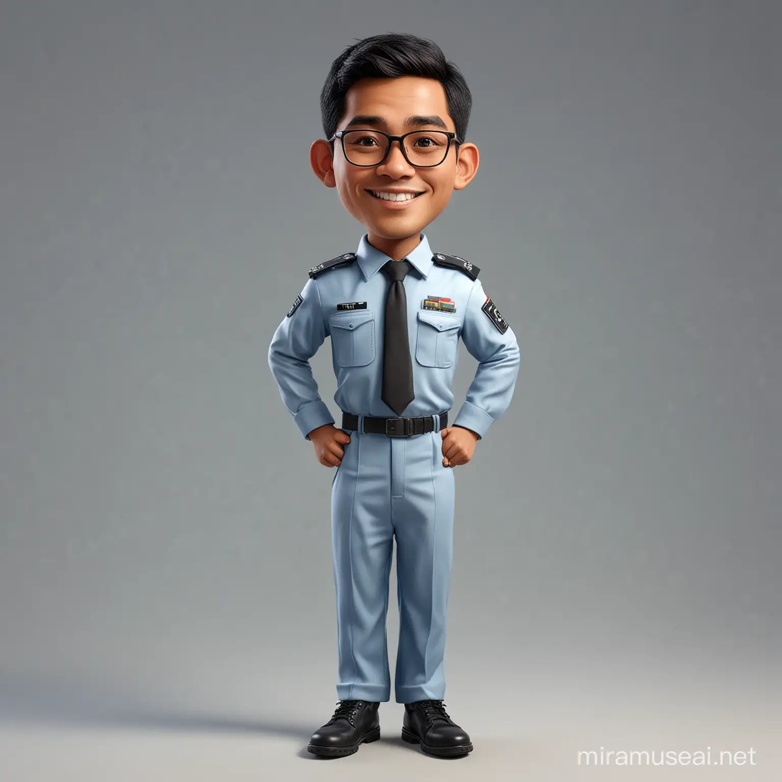 caricature potrait full body, A 29 year old Indonesian man, short thin hair, wearing glasses, Dressed neatly in a light blue pilot uniform, black tie, black trousers, front view smiling photo, Position your hands respectfully on your forehead, realistic.
