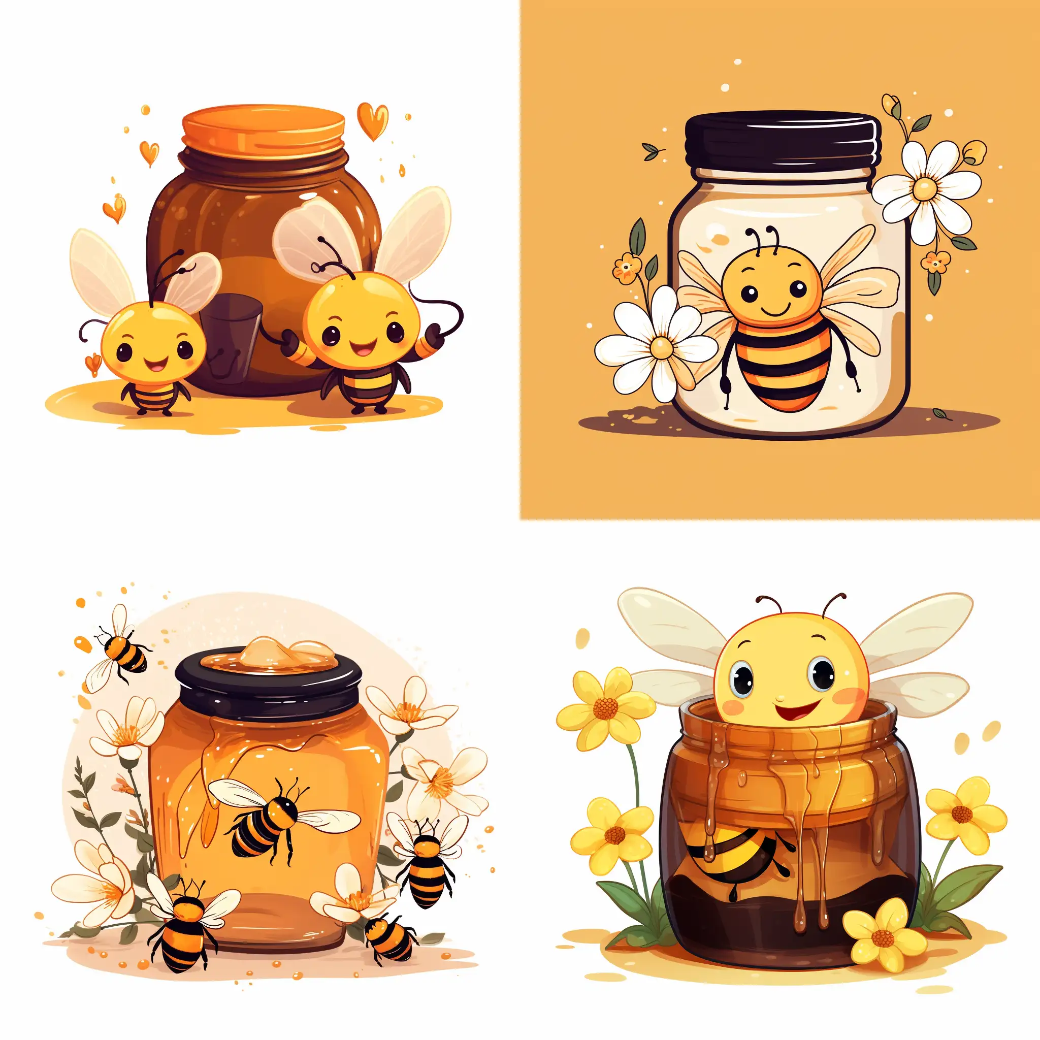 a jar of honey and bees in cute cartoon style