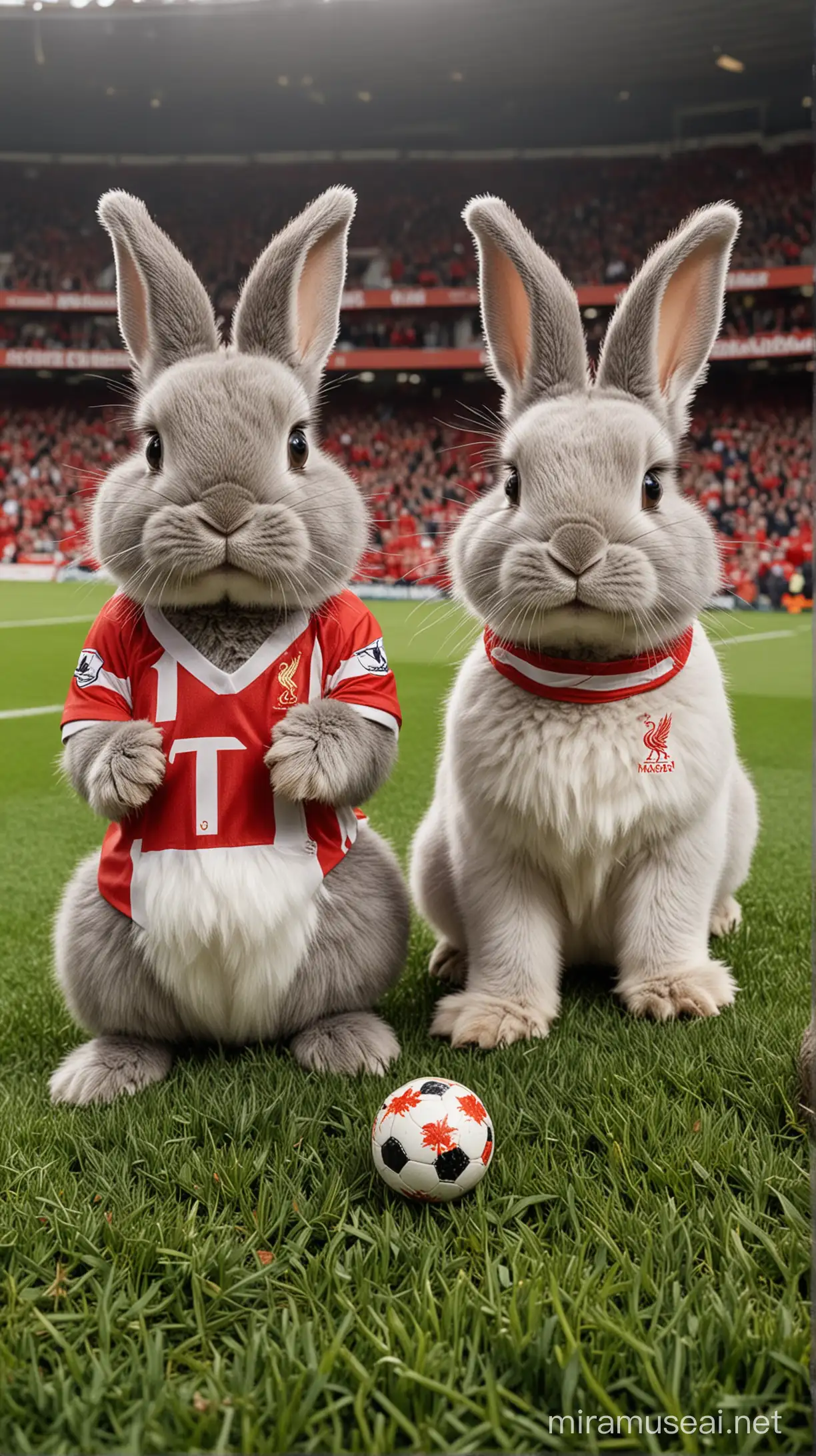 Two cute (((rabbits))), one black with a prominent white stripe running from nose to hindquarters, and a slightly larger gray rabbit with shorter, floppier ears, both sitting together in the iconic (Anfield Stadium) during a live game of soccer featuring Liverpool Football Club and Manchester city football club