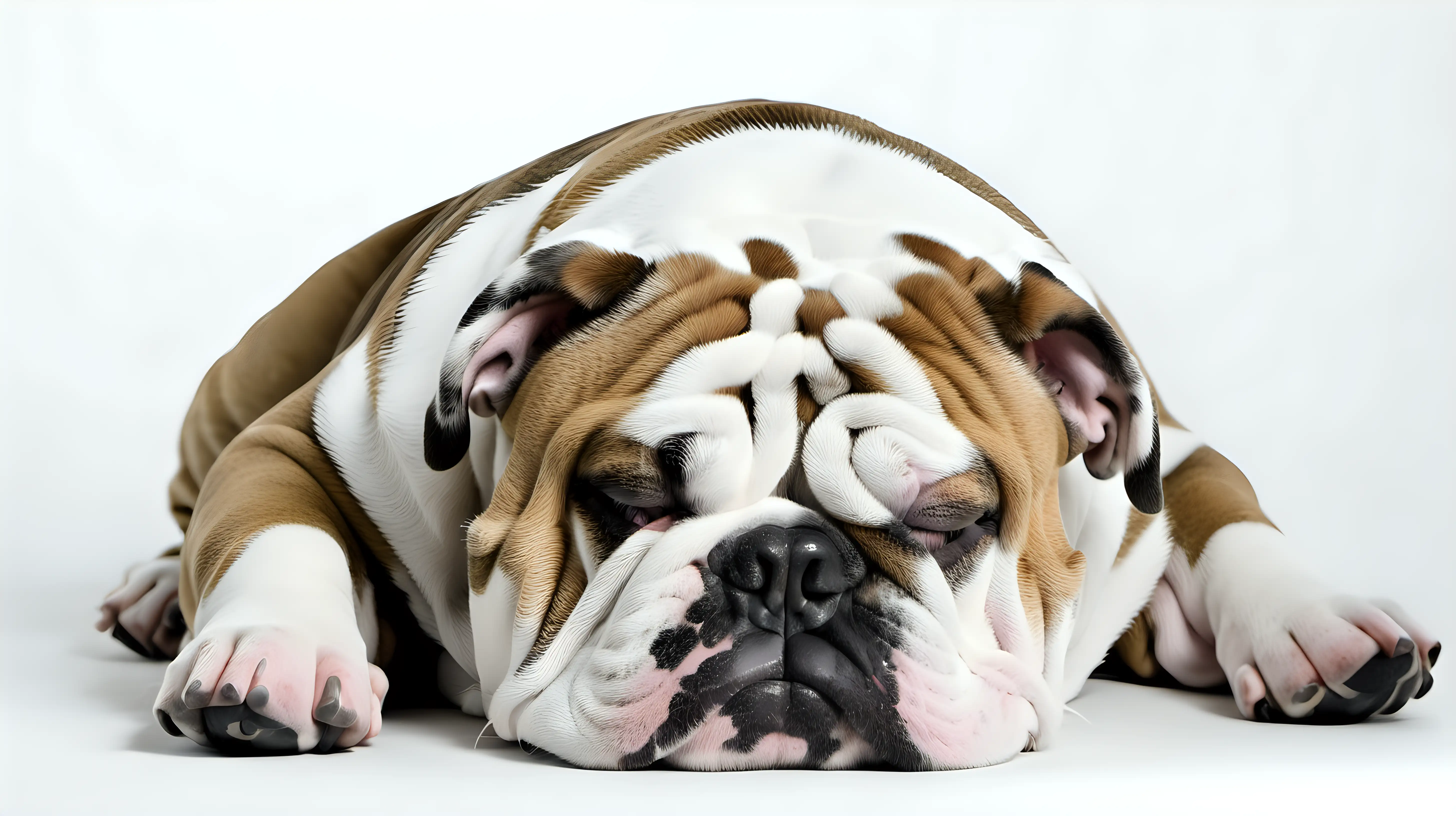 An English Bulldog, lying down asleep, eyes closed, against a solid white background. Eyes closed.