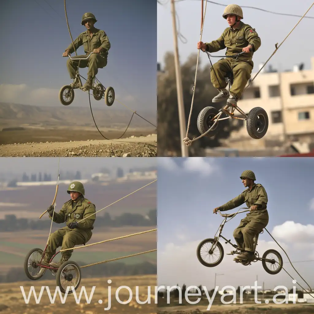 An IDF soldier rides a tricycle on a rope with a stick that balances him


