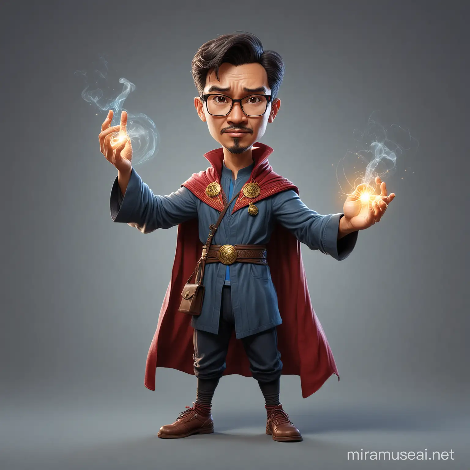 caricature potrait full body, A 29 year old Indonesian man, short thin hair, big head, wearing glasses, wearing a doctor strange outfit, Releases magic power on his finger, realistic.