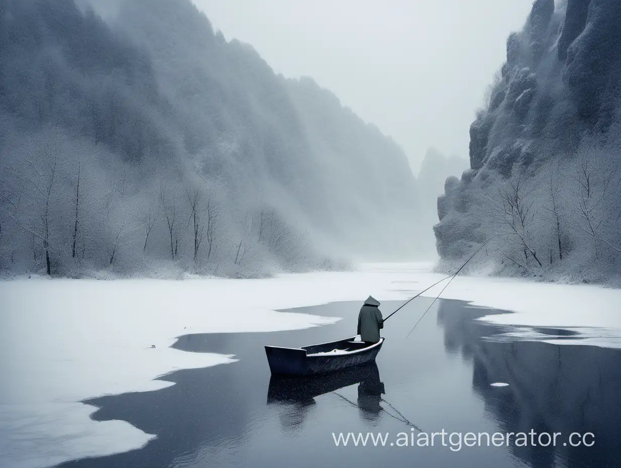 Solitary-Fishing-in-the-Cold-River-Snow-RaincoatWearing-Old-Man-and-Lonely-Boat