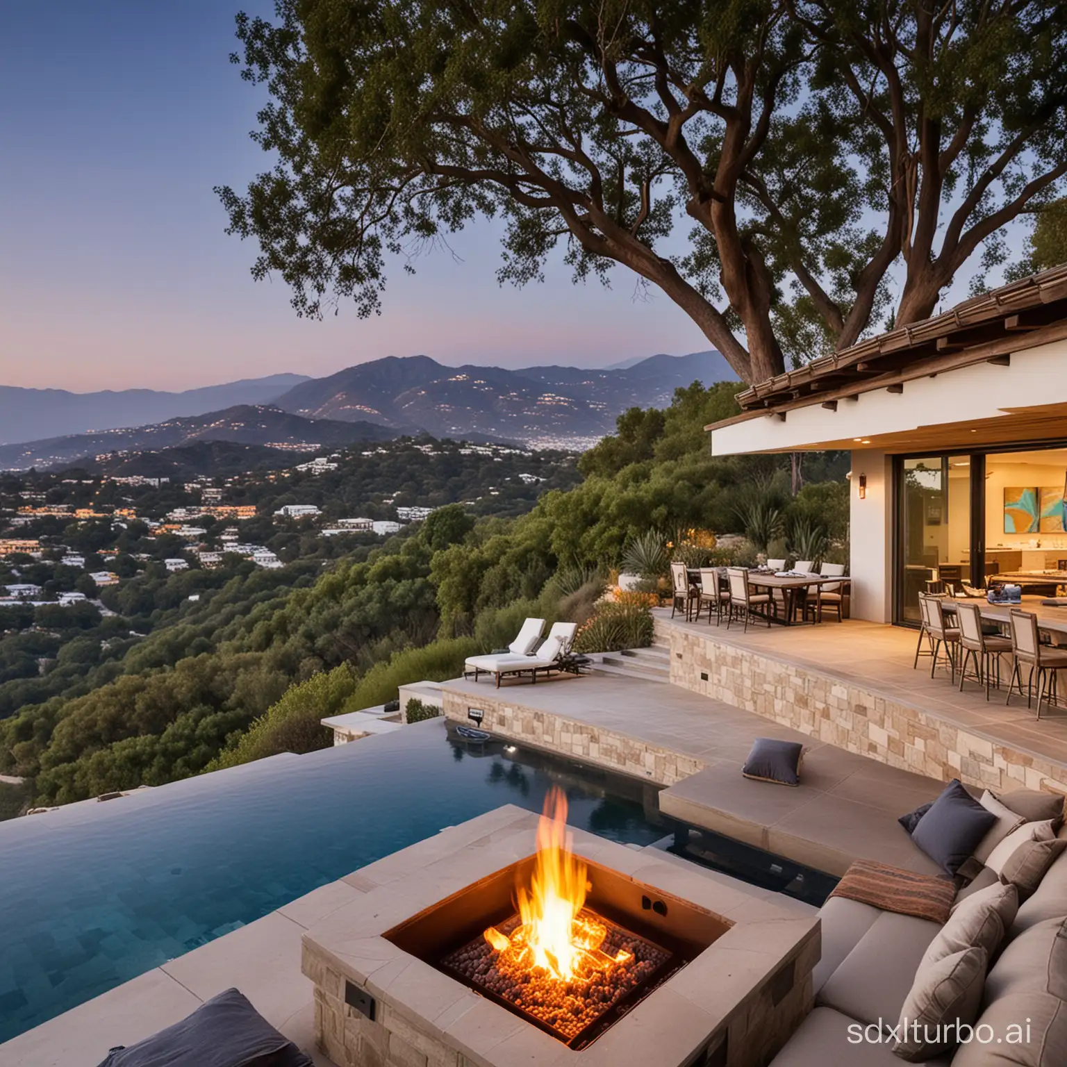 outdoor infinity pool looking over Santa Monica mountains. next to is below ground firepit with seating and behind is a covered outdoor kitchen and dining area