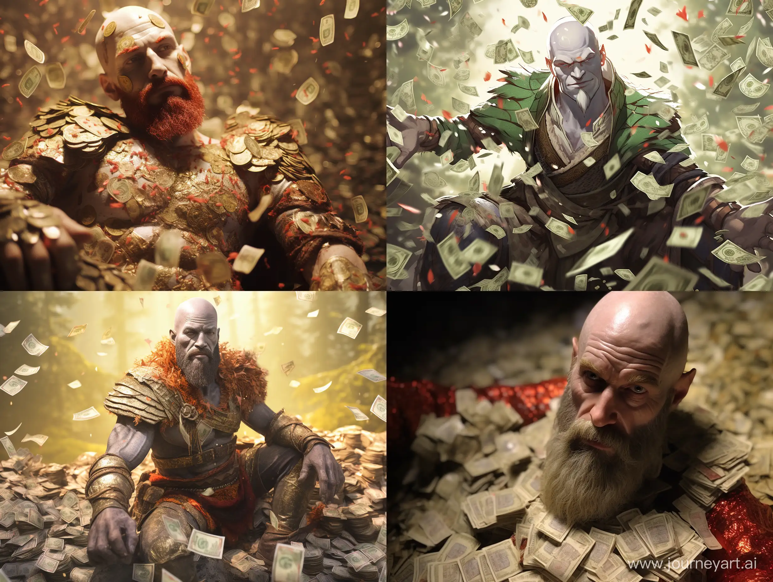 God of war character Kratos peeing on money