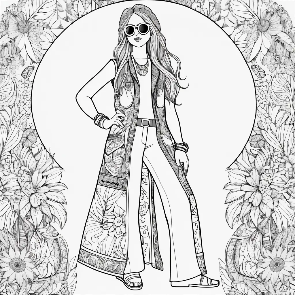 Hippie Woman Coloring Page with Round Glasses Vest and Pants