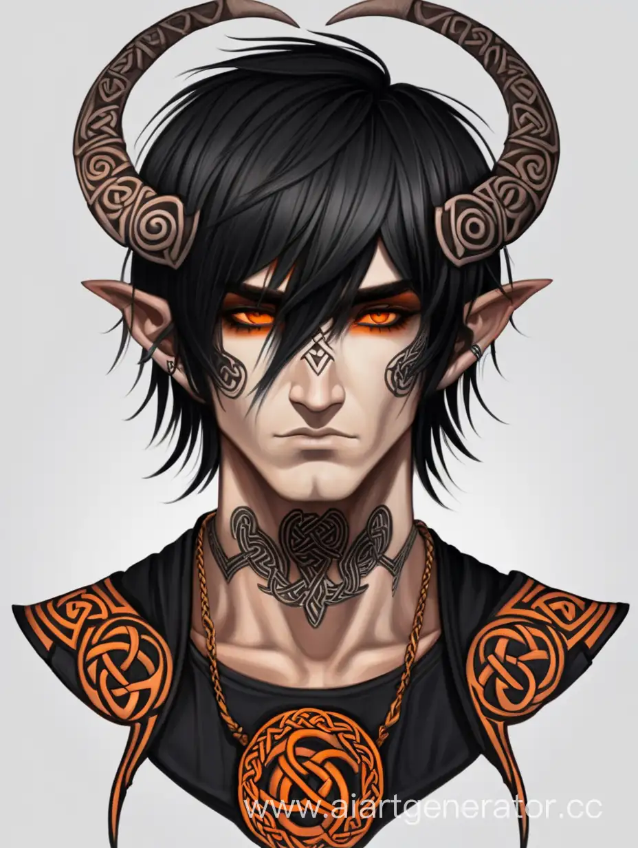 Celtic God, short black emo hair with bang over one eye, black and orange celtic mythology outfit, runic tattoos, horns, male character 