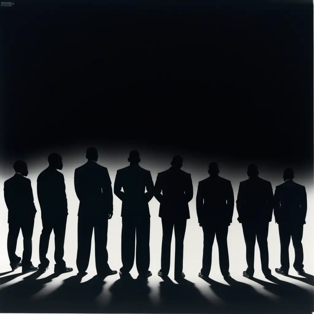 silhouettes of black men, back side, fading to black, album cover