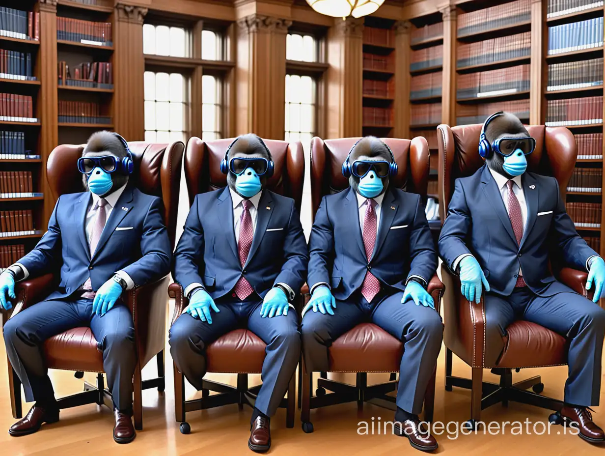 Smart Gorillas in Formal Attire Relaxing in a HighEnd Library Setting