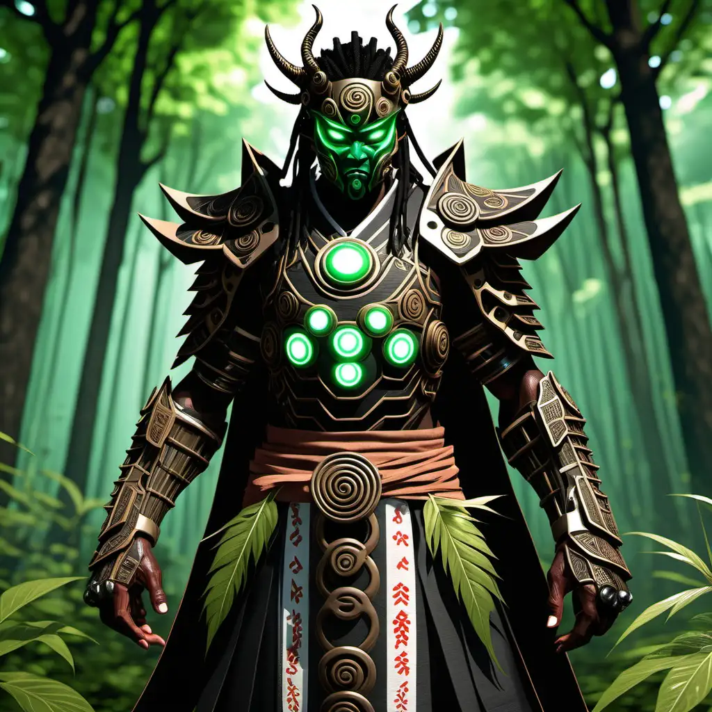 high definition simulation of a video game world boss character creation screen with cyberpunk Samurai ninja, oni mask, Knight with armor and sharingan eyeballs With glowing elemental metal fists wearing a beautiful earth kimono with white black and green african, giant bead necklace sacred geometry and armored shoulder guards with long anime hair With glowing water fists wearing a beautiful grass kimono with browns forest leafs sprouting from shoulders black and brown tan sacred geometry and armored shoulder guards
