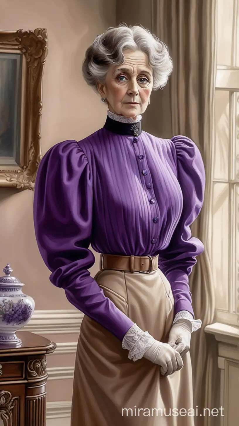 Create an AI drawing of an mature Edwardian lady in her parlour. She wears a purple tailored blouse with a high neckline and big gigot sleeves, paired with a long, straight beige skirt. The scene should evoke the tranquility and sophistication of the Edwardian era.