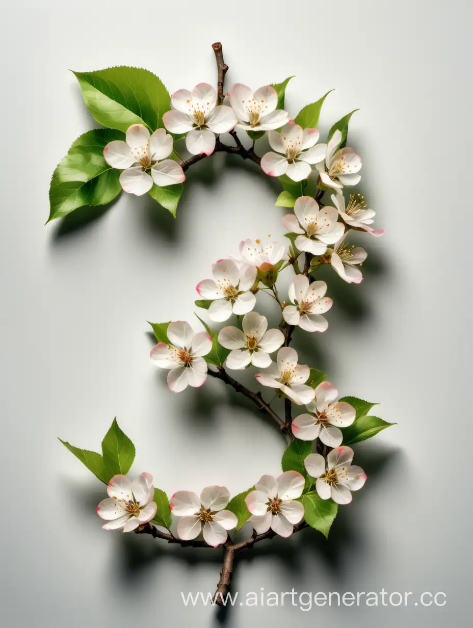 Цифра 3 из веток цветущей яблони на светлом фоне