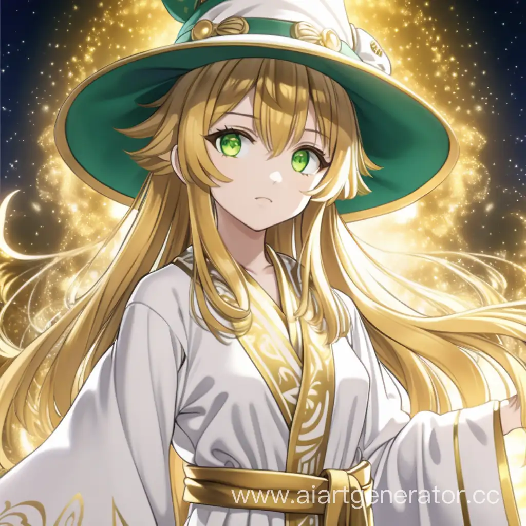 petite girl with shoulder-length golden hair and green eyes in a magical robe with a large hat in white and gold (Anime style with a clear outline)