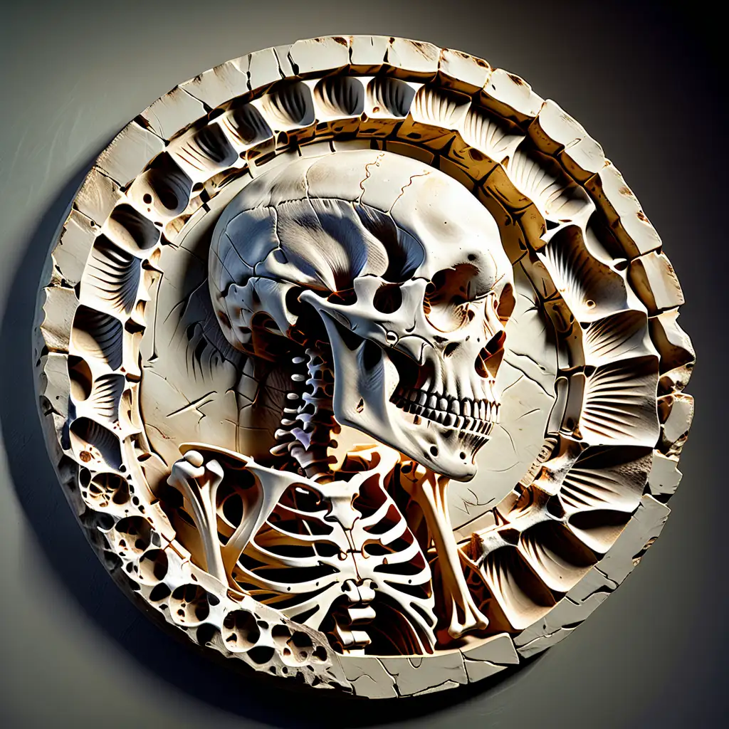 Circular Fossil Skeleton BasRelief Artwork
