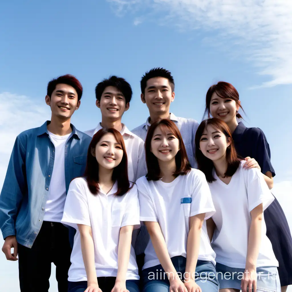 Five Japanese men and women in their 20s taking a commemorative photo with smiles, against the backdrop of the sky, showing their whole bodies, wearing casual clothes.