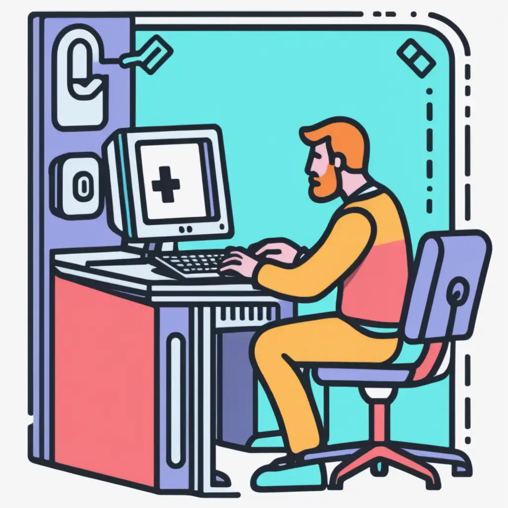 colored icon:  man sit at the computer and enter Password. What risks?