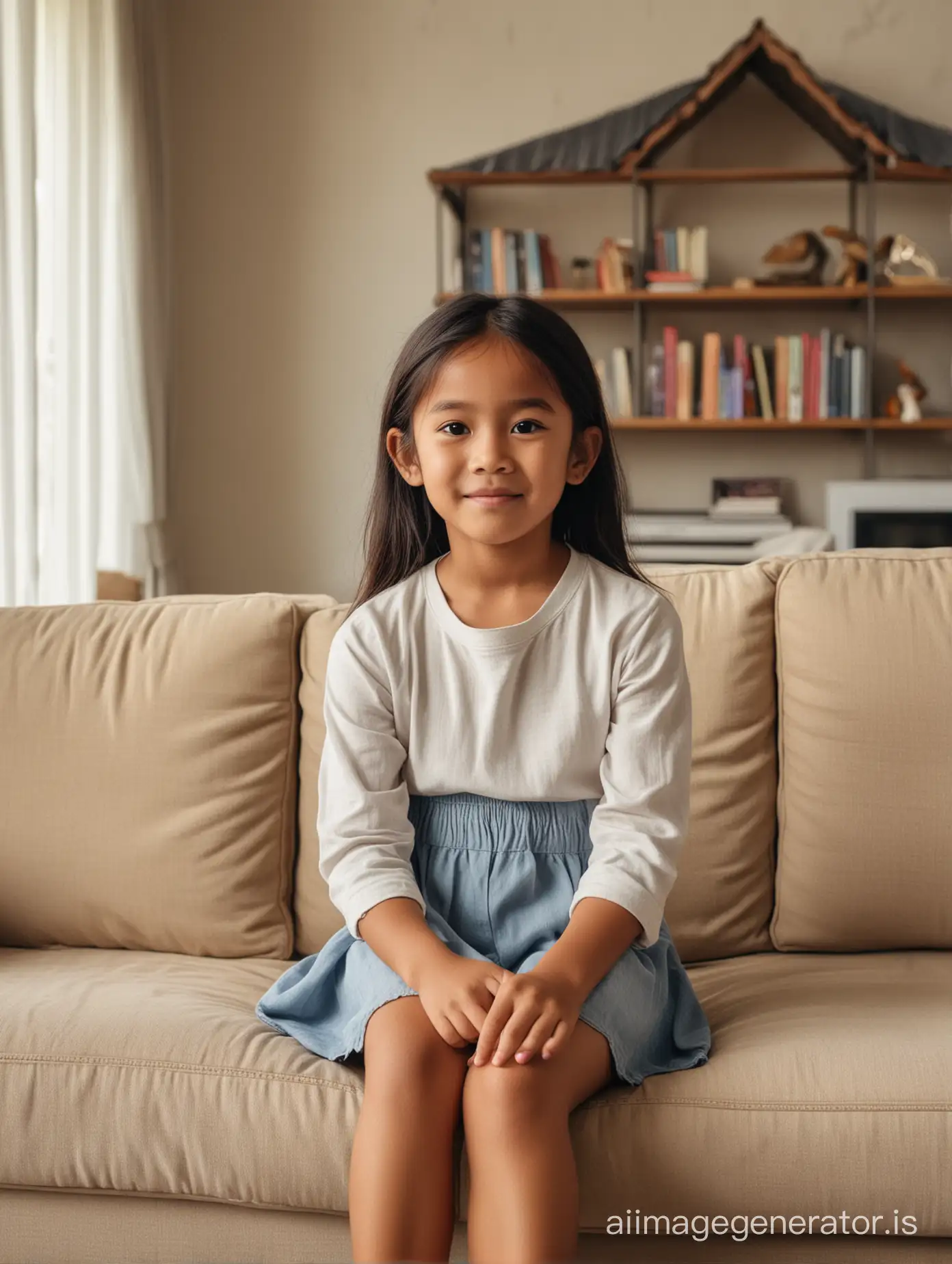 A six-year-old Indonesian girl in casual clothing sits on a sofa with a classic house background