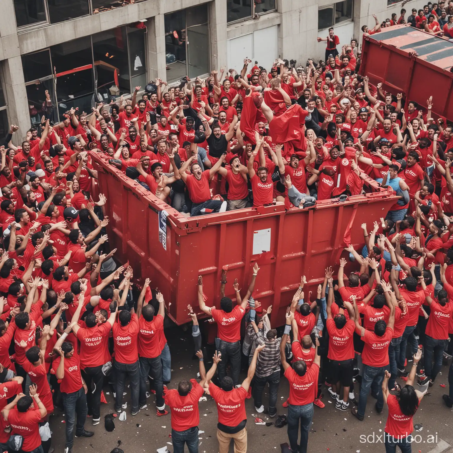 Red dumpster surrounded by celebrating workers