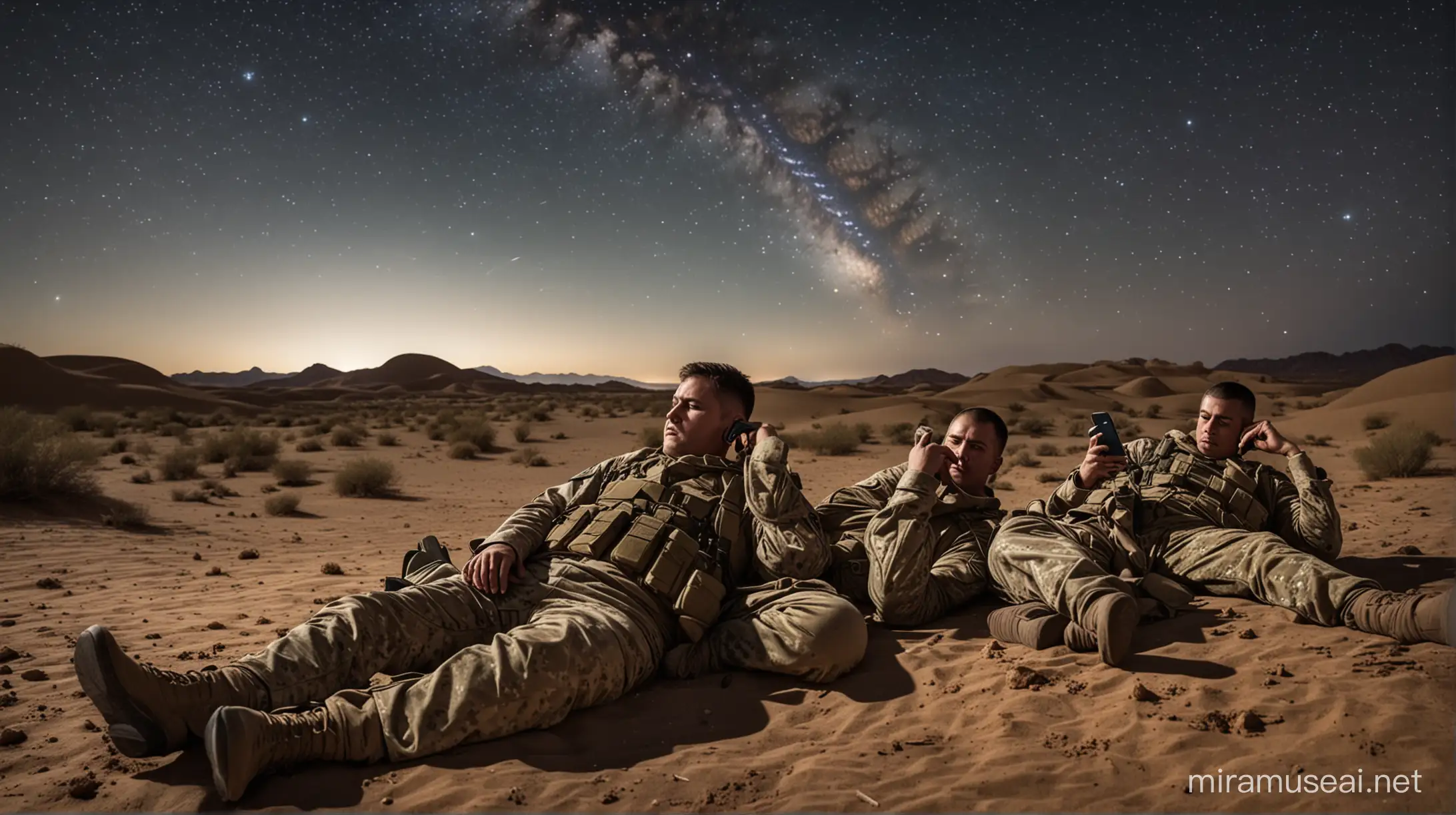 three soldiers sleeping on ground in desert they are looking to a lot of stars at night,
one of them using his phone, second one is fat, third one sitting between them pointing at sky

