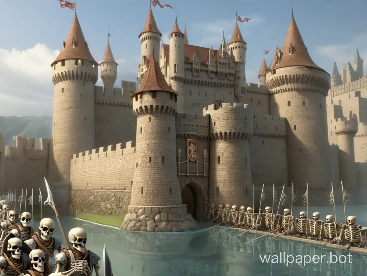 Skeleton warriors build a castle, with a moat surrounding the castle. The castle is a magnificent fortress.