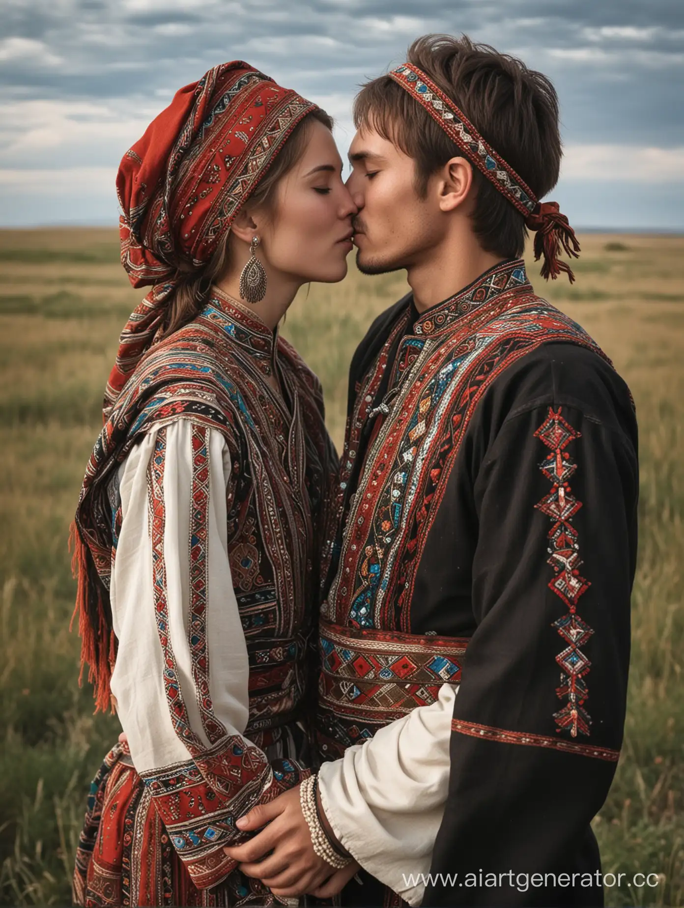 Молодые Мужчина чуваш и женщина мордвинка, одетые в одежду кочевников, обнимаются и целуются в степи. 