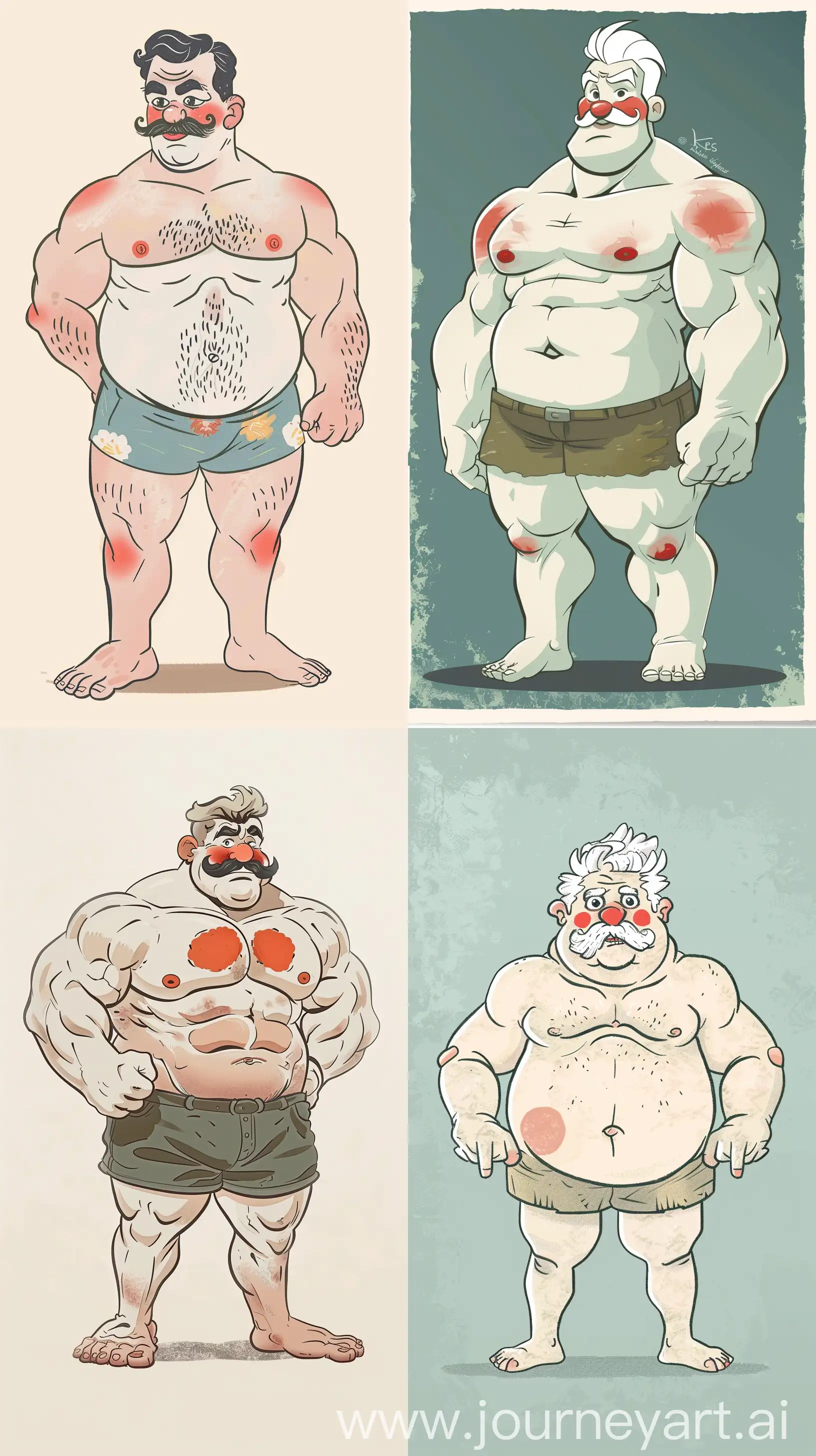 Cartoon illustrated , Kees van dongen art style ,of a white skin man 50 years old muscle strong, red cheeks , mustache, hairy chest and belly , wearing a short, as phone wallpaper, Disney inspired ,  --ar 9:16