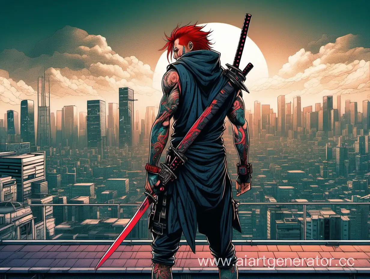 Парень с красными волосами и татуировками на руках, который стоит на крыше здания лицом к городу, самурайском киберпанк плаще без рукавов с кибернетическими руками и киберпанк катаной за спиной