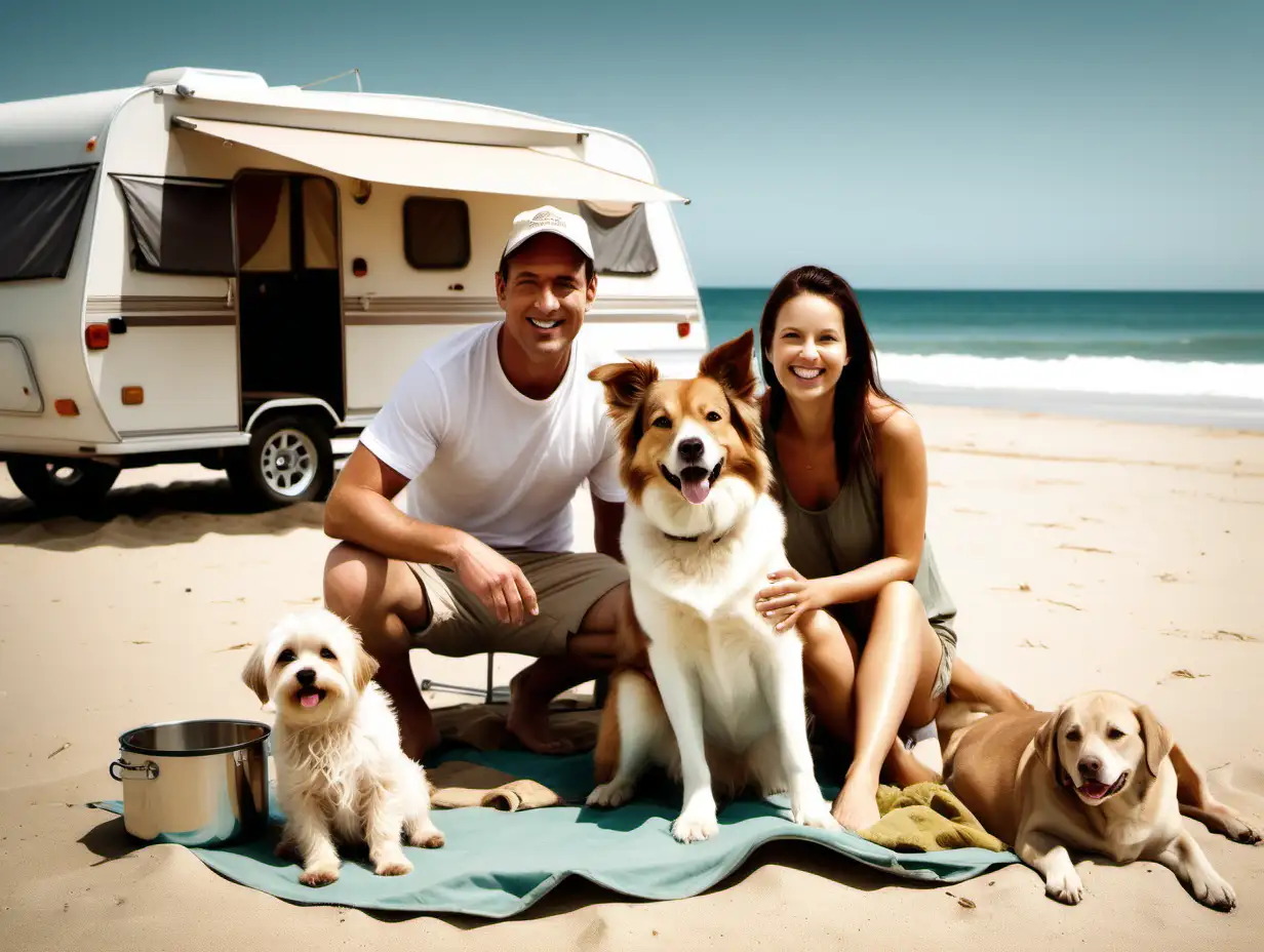 Create a photo of a family with a dog camping on the beach in a hot summer day in Australia. The family has a camper caravan, looks high-end, and expensive, and wealthy. The dog color is white. The dominant colors of the image shall be muted browns, beiges, and forest greens. The dog looks happy. The general mood of the picture shall be relaxation, calmness, and happiness.