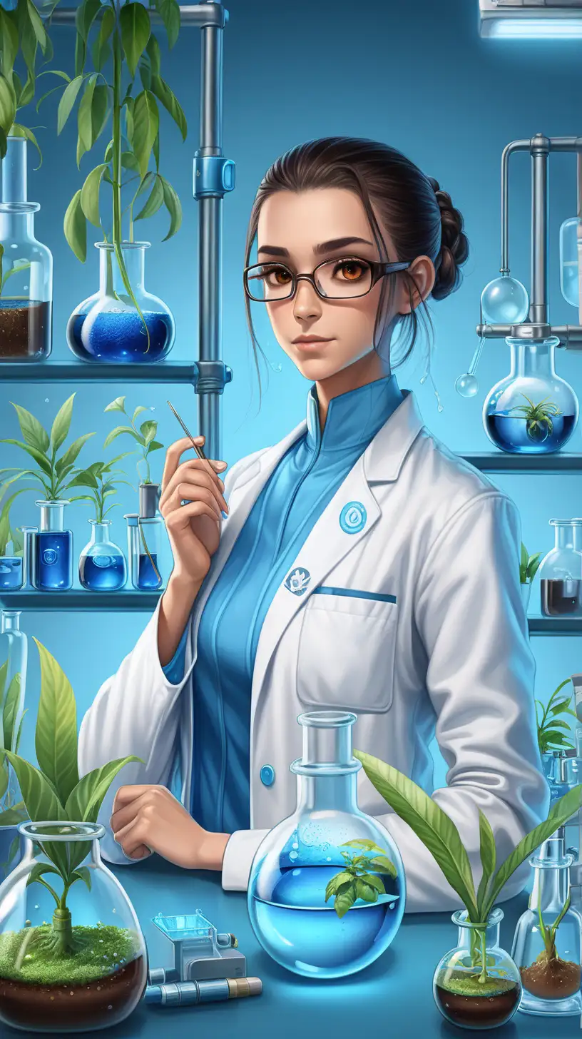 criar um Laboratório com tema azul e algumas plantas, avatar de uma mulher com olhos castanhos olhando de frente para camera
