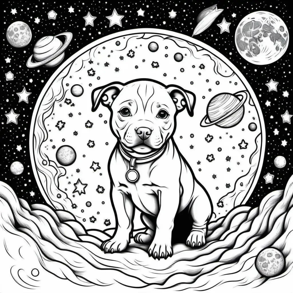 Adorable Pitbull Puppy Outlined in Space Lunar Adventure Coloring Page