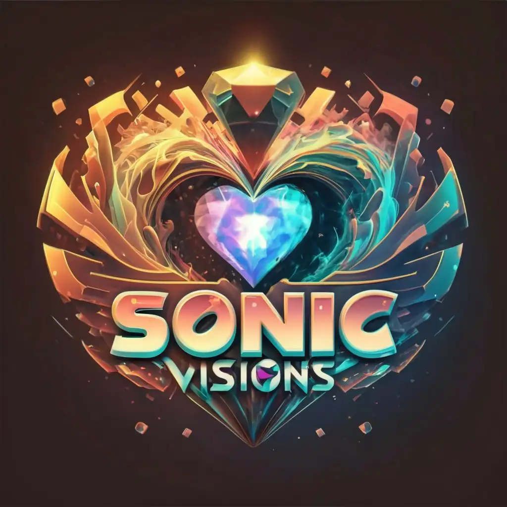 a logo design,with the text 'Sonic Visions', main symbol: fractured black hole hurricane diamond heart, psychedelic, shiny, sonic the hedgehog font, Minimalistic, to be used in Entertainment industry, transparent background