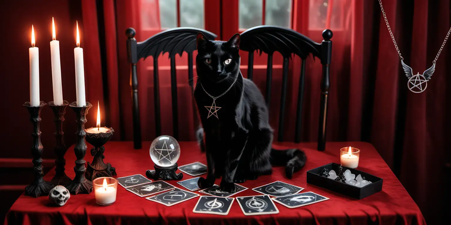 Gothic Black Cat with Pentagram Necklace Surrounded by Tarot Cards and Candles