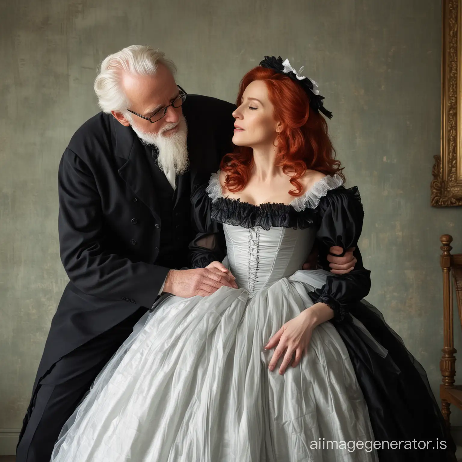 Romantic-Vintage-Wedding-Redhaired-Gillian-Anderson-Embracing-Her-Elderly-Groom-in-Victorian-Attire
