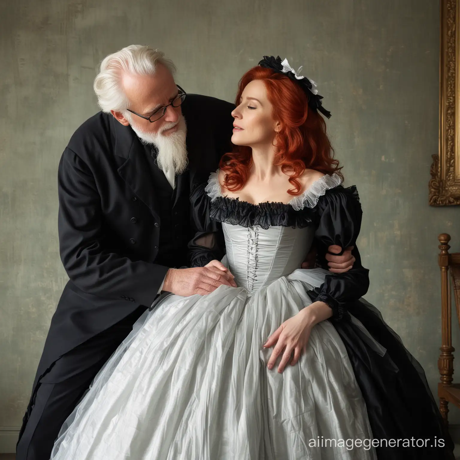 red hair Gillian Anderson wearing a poofy black floor-length loose billowing 1860 victorian crinoline dress with  a frilly bonnet kissing an old man who seems to be her newlywed husband
