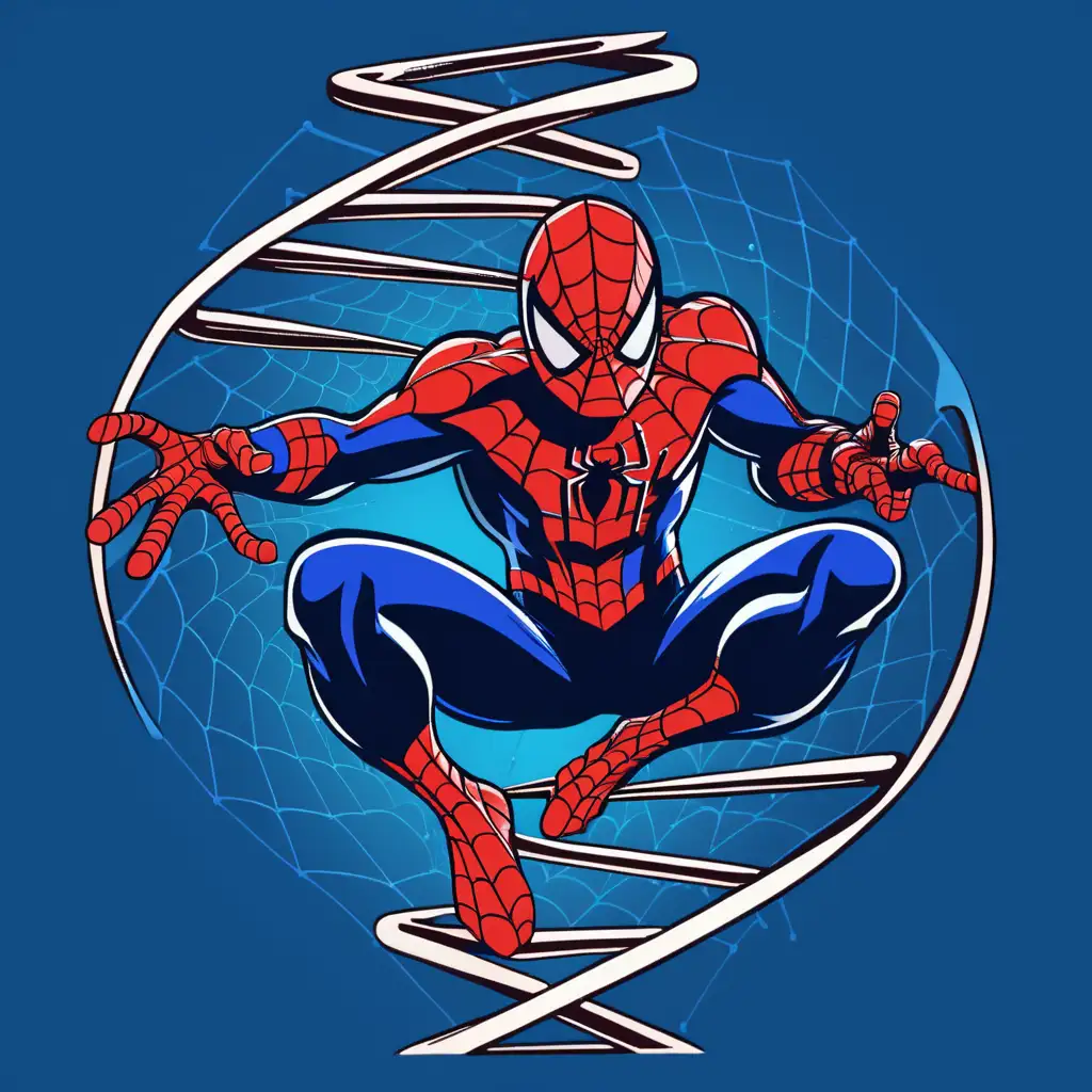 Spiderman on a DNA double helix going from left to right for a t-shirt design