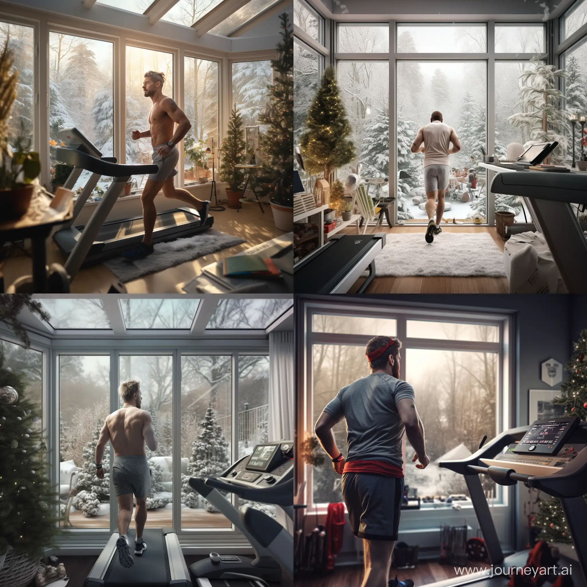 a man runing on home treadmill at home, in winter, 4k realistic, detailed, photo style