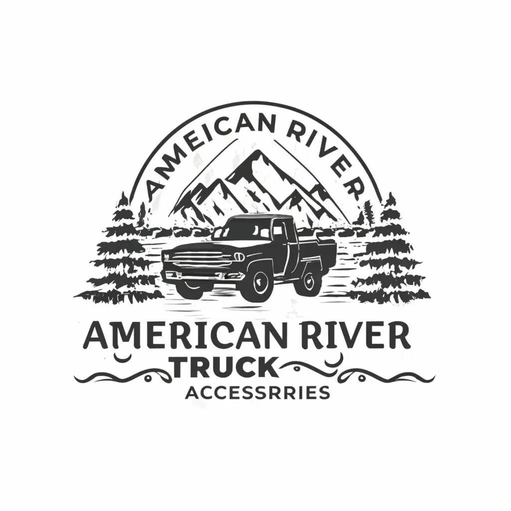 a logo design,with the text "AMERICAN RIVER TRUCK ACCESSORIES", main symbol:OUTDOORS.MOUNTAIN AND RIVER WITH A PICKUP.,Minimalistic,be used in Automotive industry,clear background