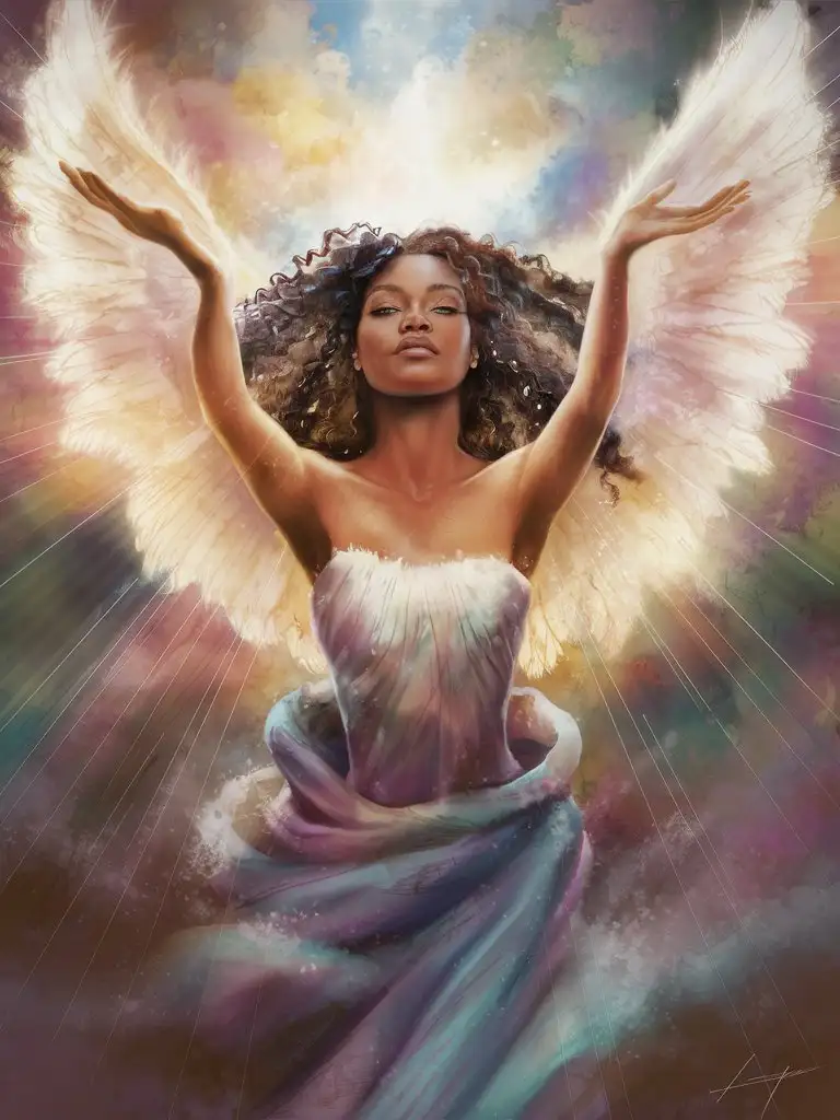 A mystical and enchanting digital painting depicting a beautiful woman curly hair with wings of light emerging from her back, soaring towards the heavens with a sense of peace and surrender, symbolizing her trust in the Holy Spirit to carry her through life's journey.