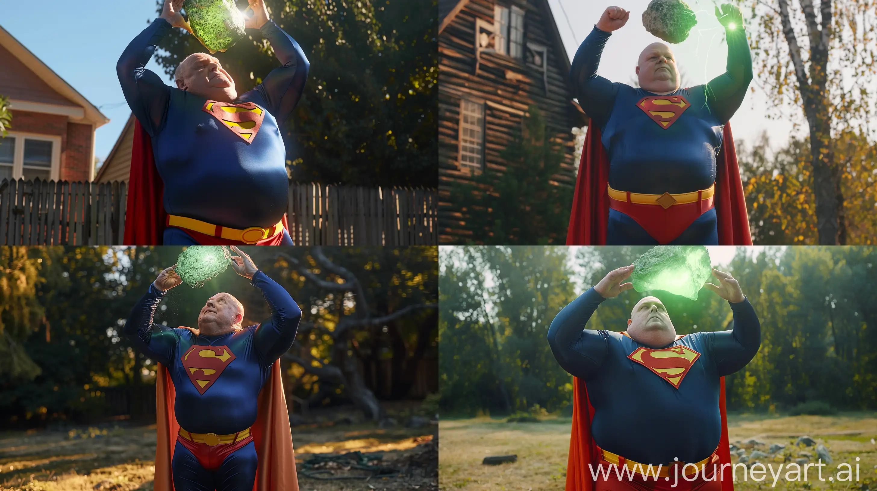 Front close-up photo of a fat man aged 60 wearing silk navy blue complete superman tight uniform with a large red cape, red trunks, yellow belt, red boots. Lifting a green glowing rock off the ground. Outside. Bald. Clean Shaven. Natural light. --ar 16:9