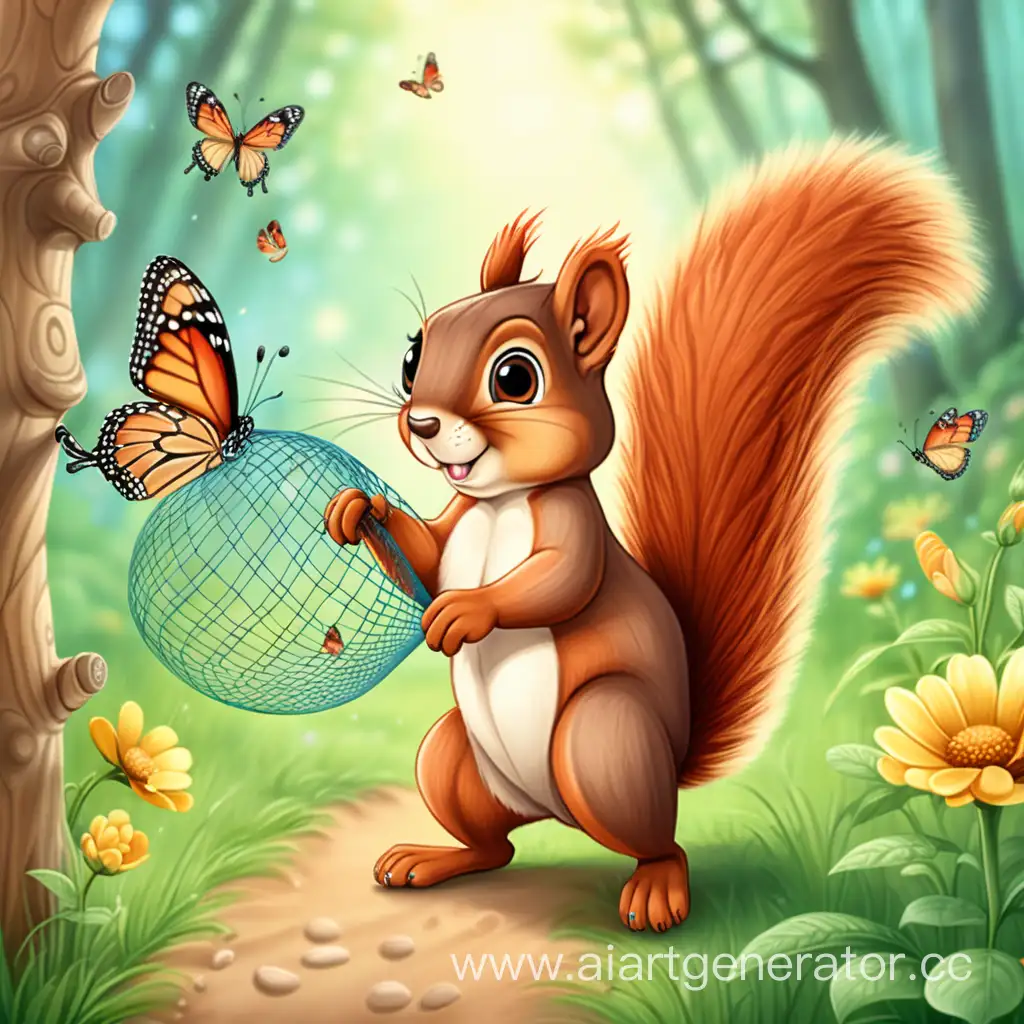 Adorable-Cartoon-Squirrel-Chasing-a-Butterfly-with-a-Net