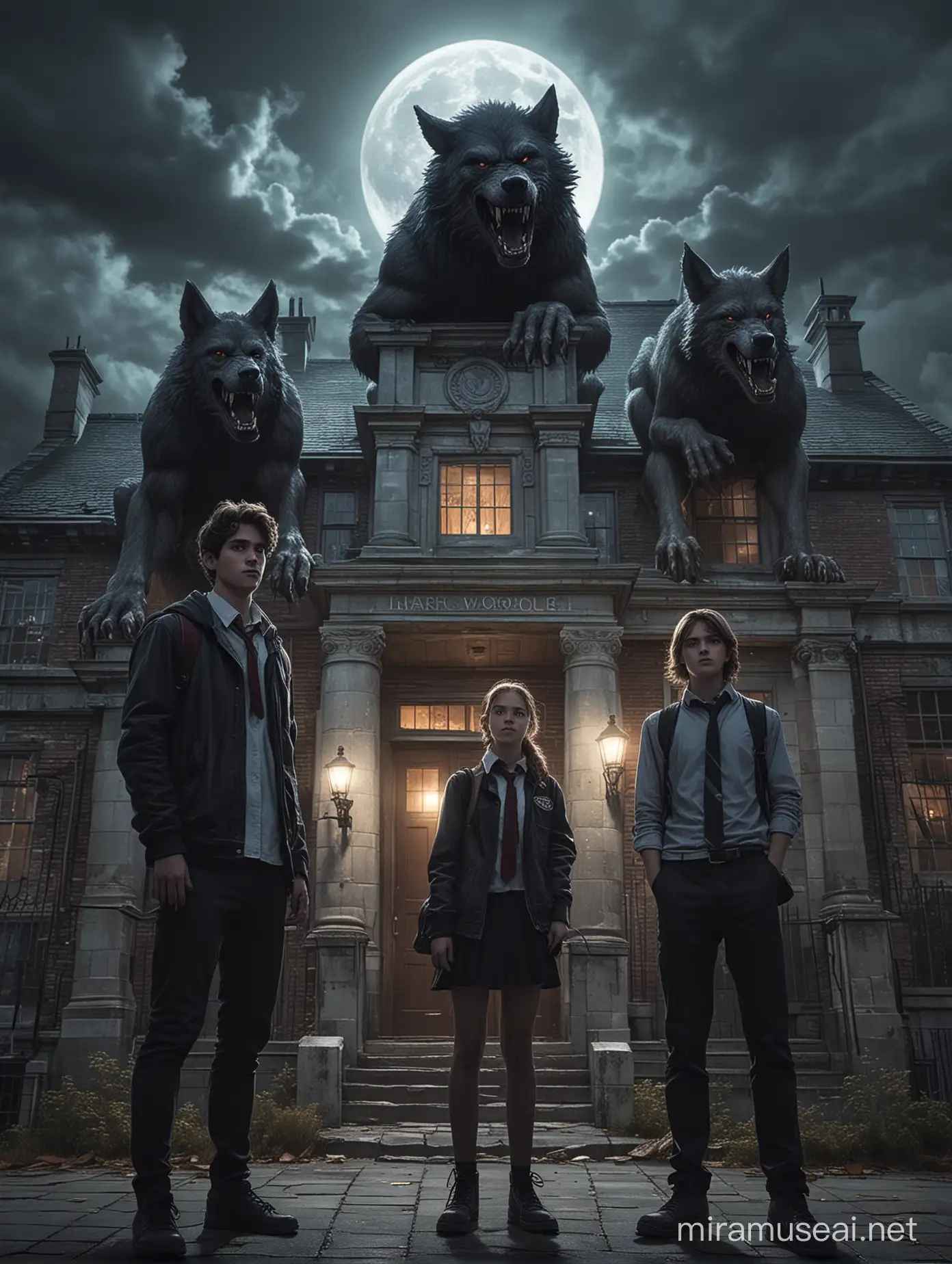 Three students standing outside a dark mythical high school, with mighty werewolves behind them and on the roof of the building