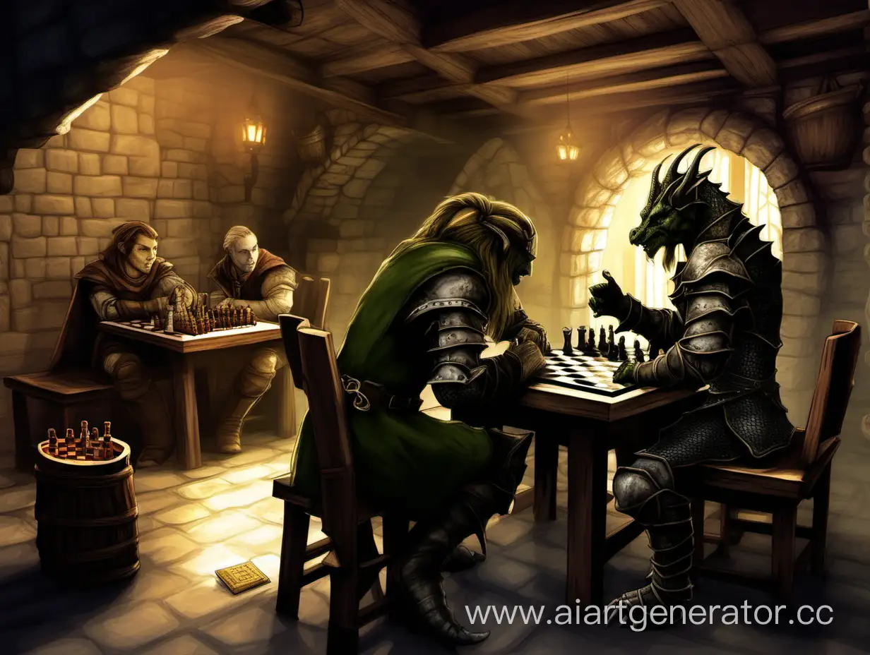 Драконорожденный играет в шахматы с человеком в таверне, на заднем плане эльф спускается по лестнице