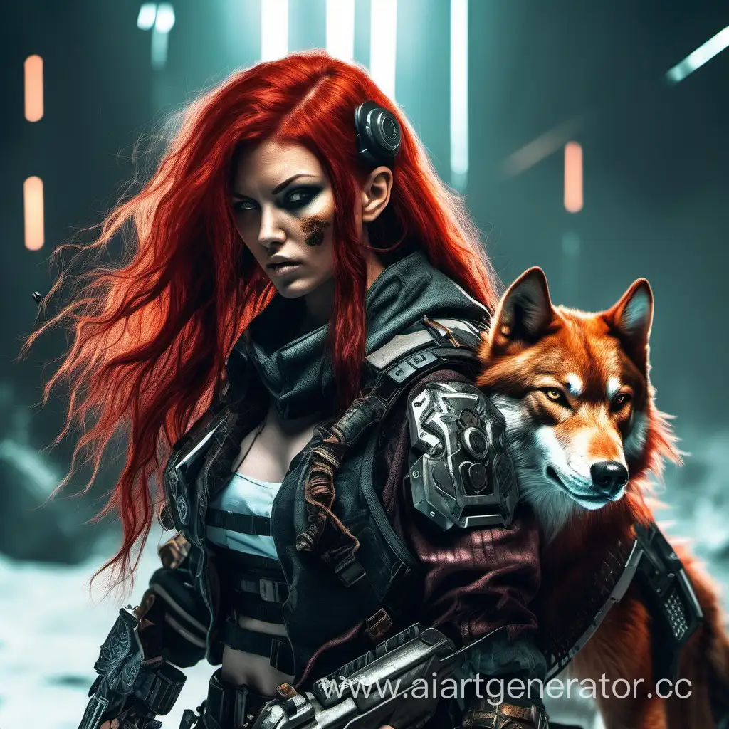 Рыжеволосая женщина-воин с  ручной волчицей, стиль киберпанк