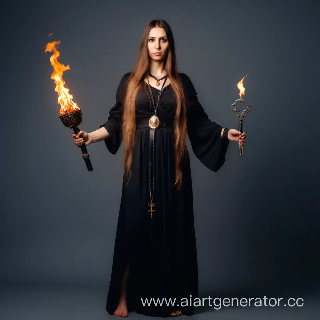 Женщина гречанка. 30 лет. Длинные волосы. В чёрной греческой одежде. В полный рост. В одной руке держит горящий факел. В другой руке держит связку ключей.