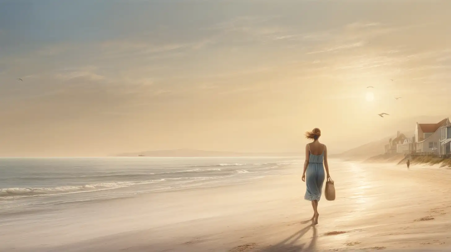 create a realistic image of a woman walking at the beach, early morning light breaking over a calm sea